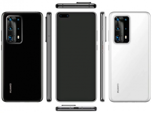 Three different colored Huawei P40 Pro smartphones standing on white background