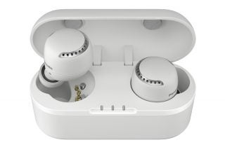 Picture of white Panasonic S500W earbuds kept in it's case on a white background