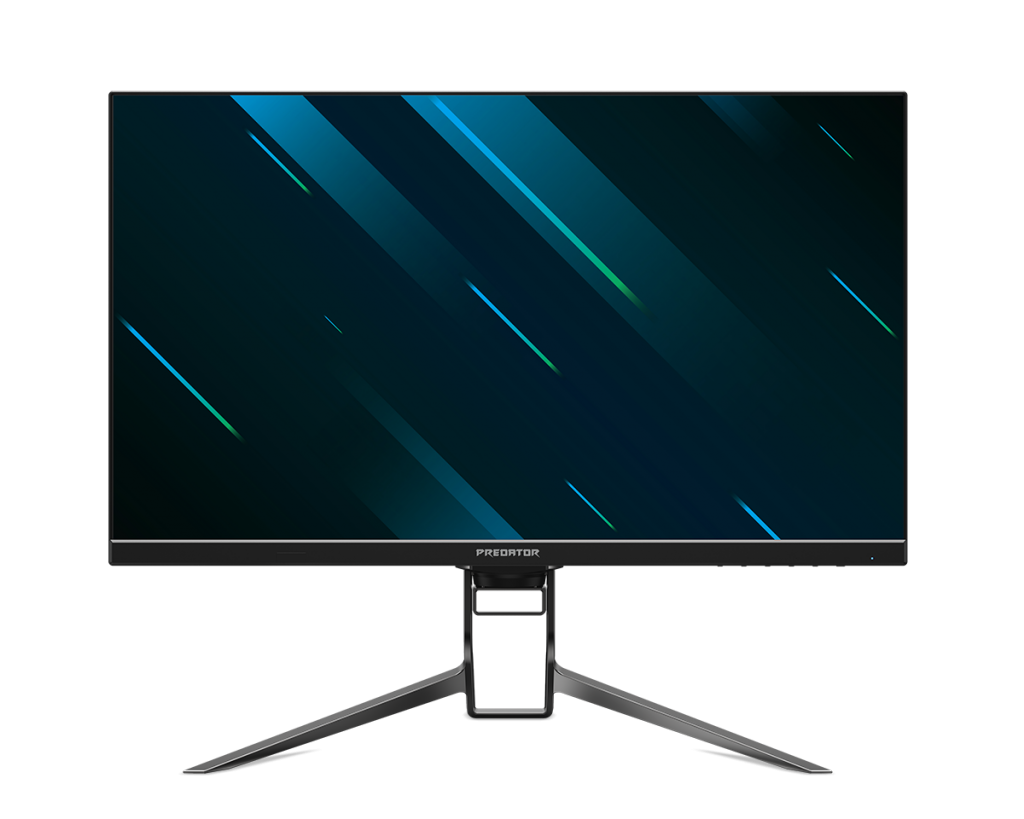 Picture of a silver-gray Predator X32 monitor standing on a white background