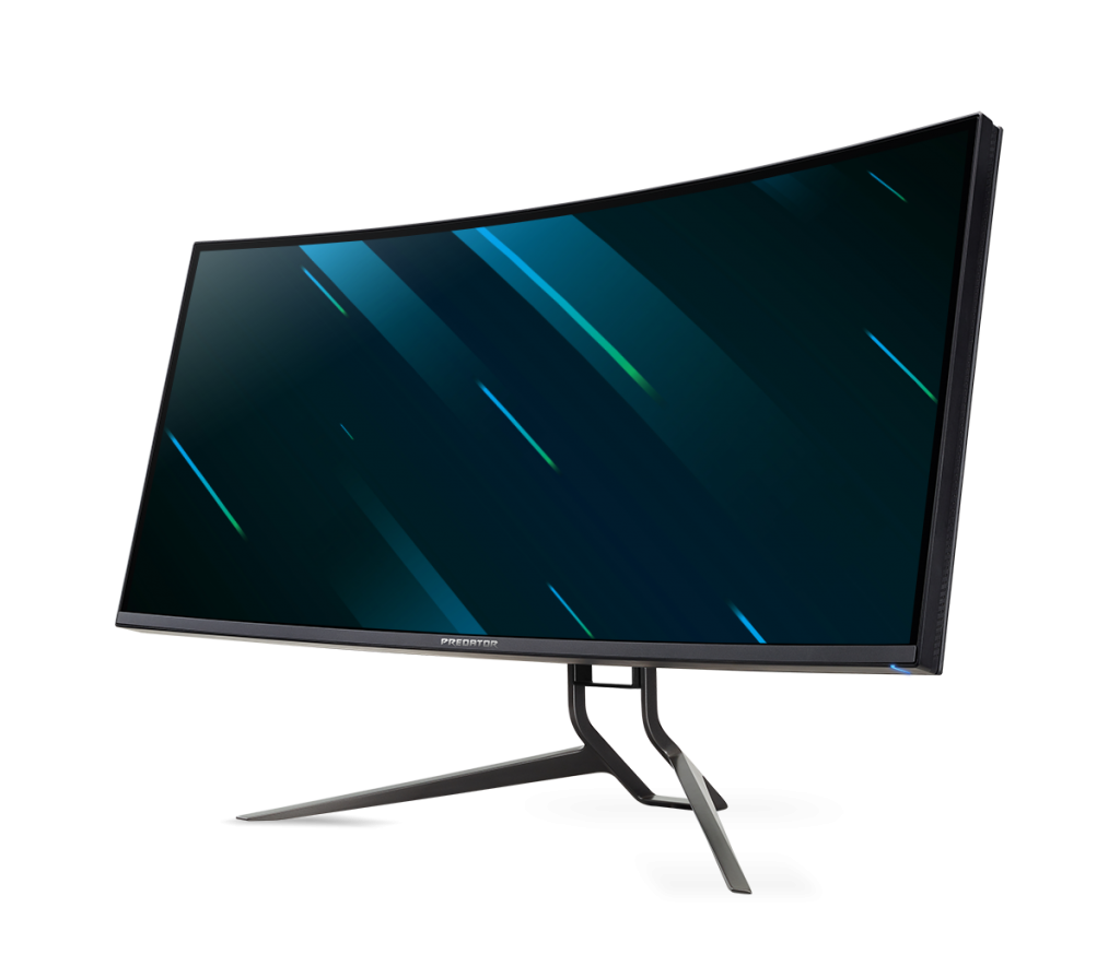 Side view of a silver-gray Predator X38 monitor standing on a white background