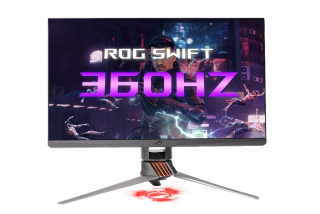 Picture of a silver-gray ROG Swift PG32UQX monitor standing on white background