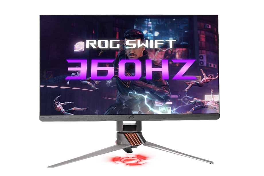 Picture of a silver-gray ROG Swift PG32UQX monitor standing on white background