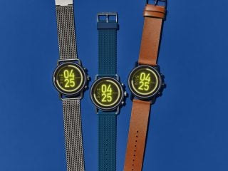 Three different colored Fossil's Skagen Falster 3 watch kept on a blue background