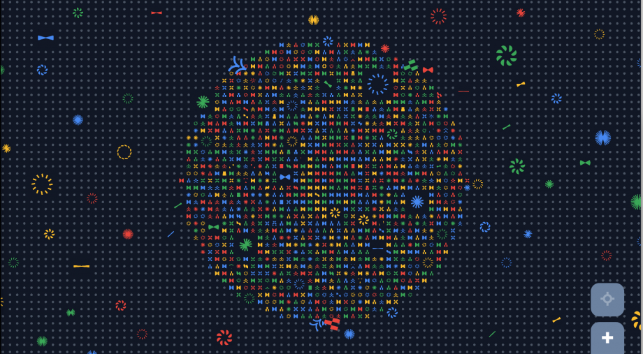 A picture of infinite gray dots on a dark blue background with a colorful circle at center made of infinite tiny colorful icons/symbols