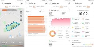 Screenshots from an app about outdoor run's route, pace, charts and details