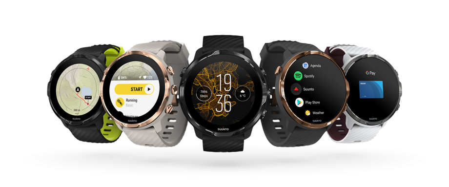 Five different Suunto 7 smartwatches floating on a white background