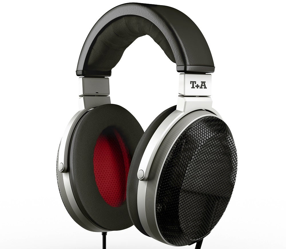 Side view of silver-black T+A Solitaire headphones floating on a white background
