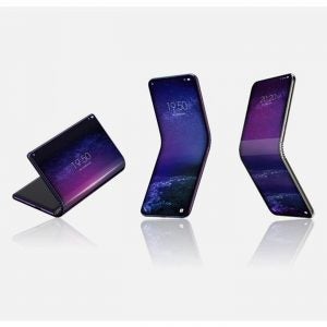 A picture of three black foldable phones standing on white background in different folded states
