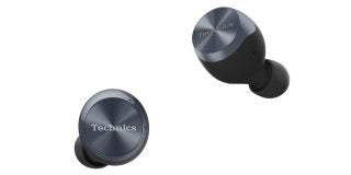 A picture of black Technics AZ70W earbuds floating on white background