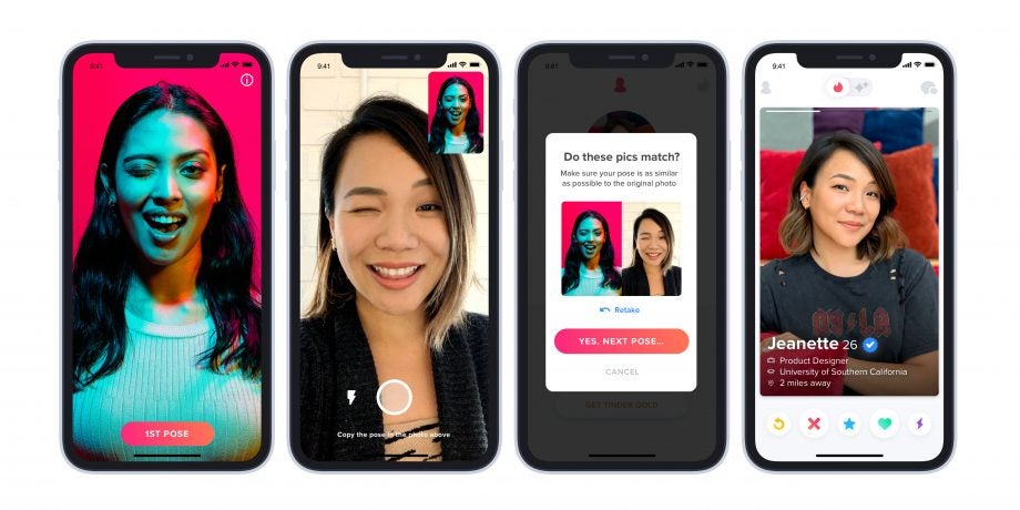 Four iPhones standing on a white background displaying photo verification to get verified on Tinder process