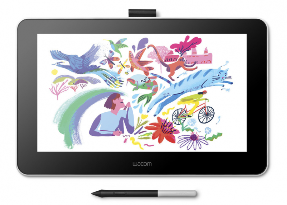Picture of a black Wacom One tablet kept on a white background with it's pen kept below