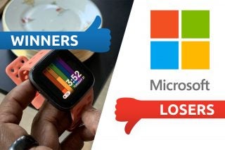 An Apple watch on left tagged as winners and logo of Microsoft on right tagged as losers