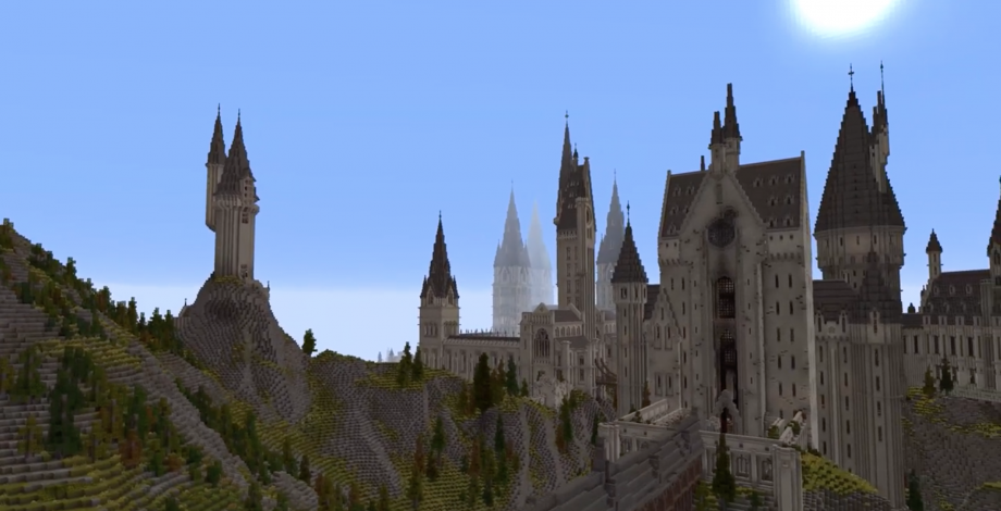 A picture of a scene from a game called Harry Potter Minecraft