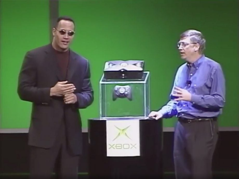 A picture of The Rock and Bill gates on stage at Xbox launch