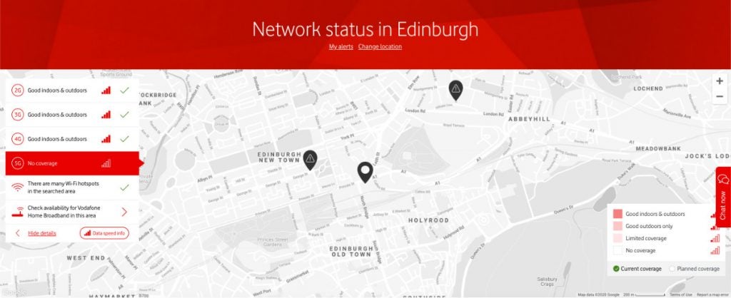 A picture of a map with a heading of Network status in Edinburgh, Vodafone 5G Edinburgh
