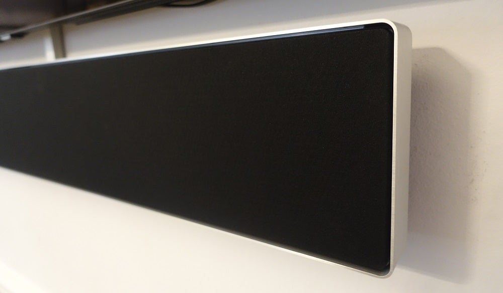 Picture of a BO stage soundbar mounted on a wall, right half view