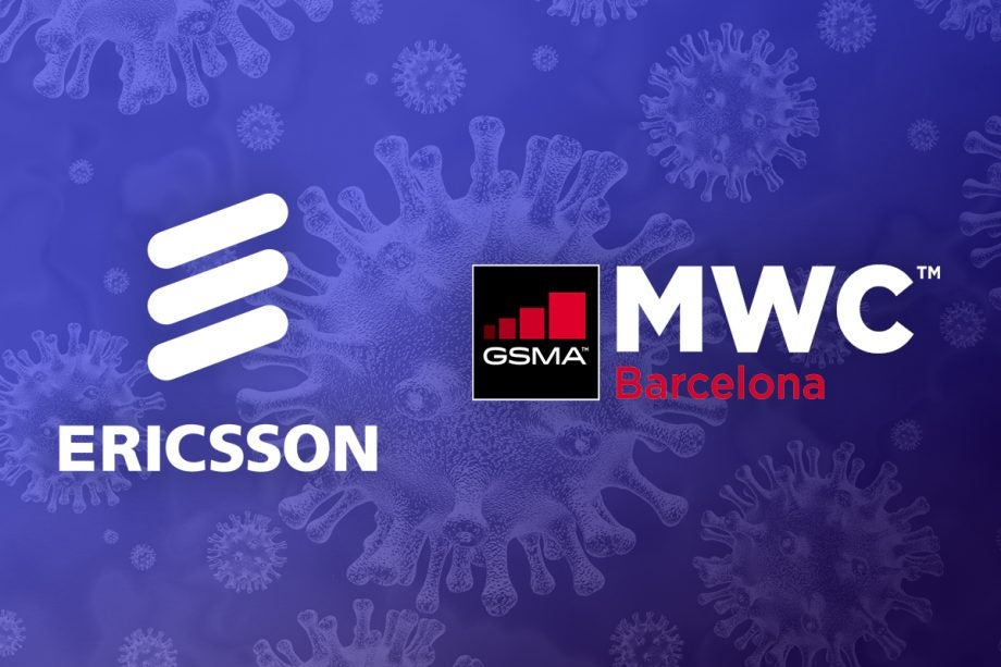 A blue wallpaper of Ericcson and MWC Barcelona
