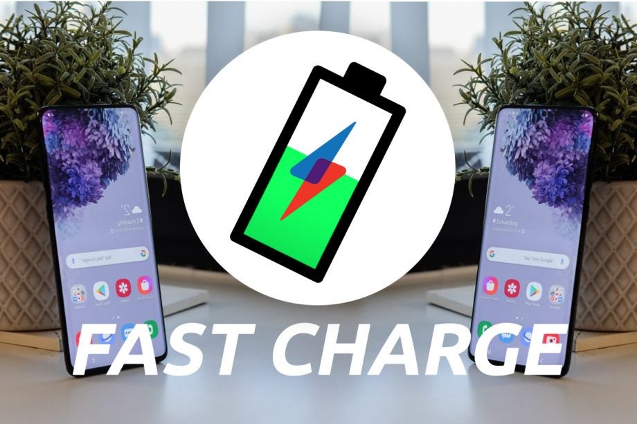 Two smartphone standing on either side of a table with a Fast charge logo and text at center