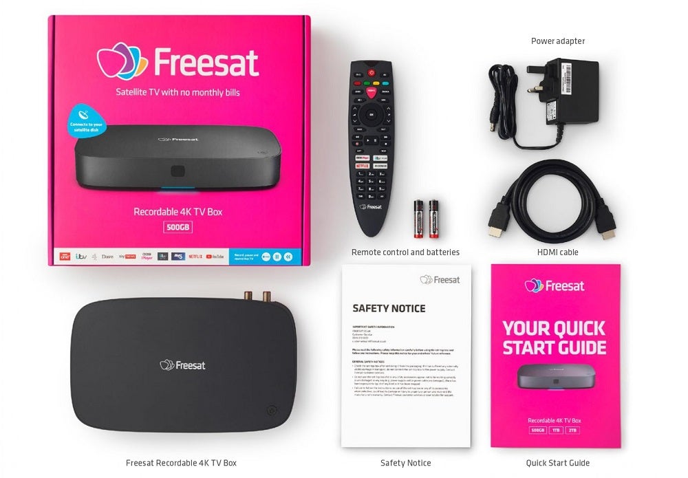 A wallpaper of Freesat 4K TV box with box, accessories, cables and manualA black Freesat 4K TV box kept on a white background