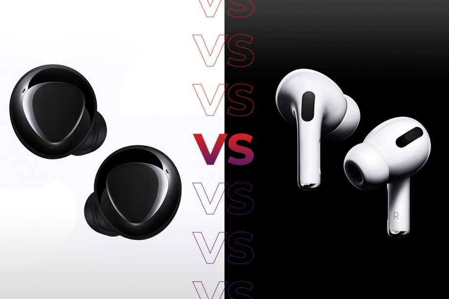 Comparision image of Samsung Galaxy Buds Plus on left and AirPods Pro on right
