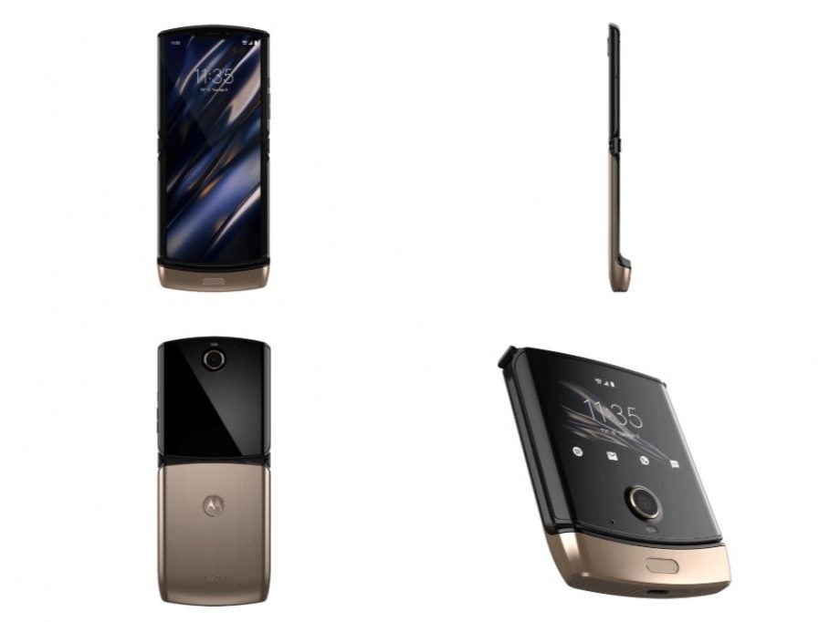 Four Motorola Razr smartphones standing on white background showing all sides and edges with folded and opened state