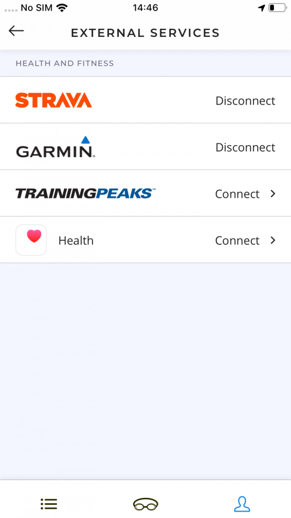 Screenshot of external services screen with health and fitness connections