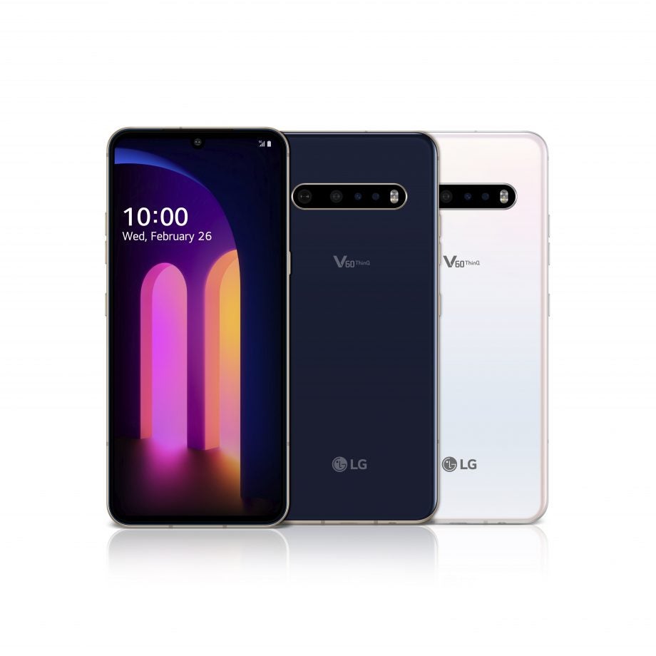 Three LG V60 smartphones standing on white background showing front and back panel view