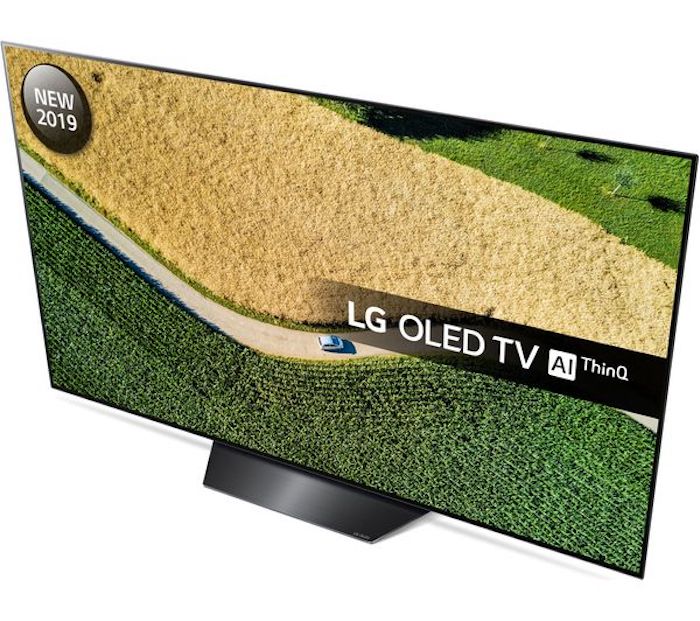 A black LG OLED65B9 TV standing on white background