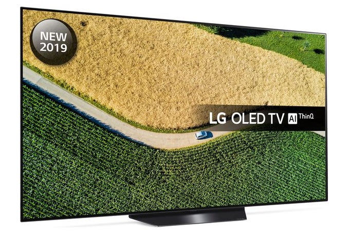 LG B9A black LG OLED65B9 TV standing on white background