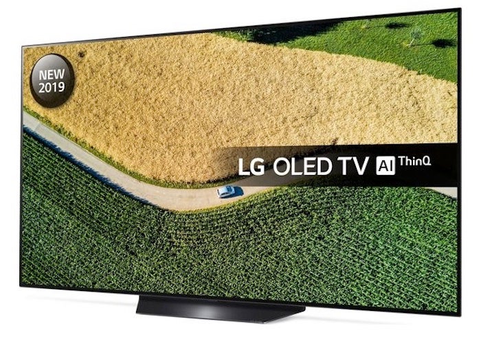 LG B9A black LG OLED65B9 TV standing on white background