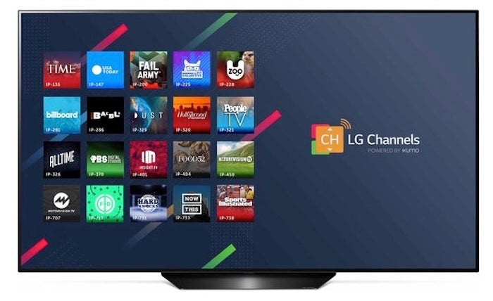LG B9A black LG OLED65B9 TV standing on white background displaying a list of LG channels