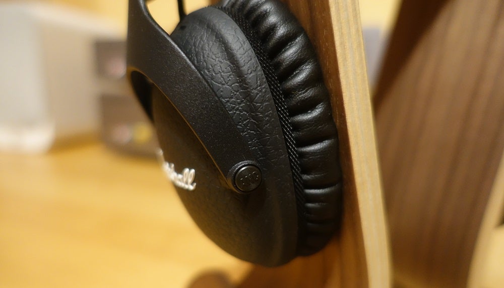 Close up image of black Marshall monitor II ANC headphone's earcup