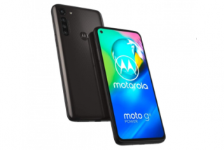 Two black Motorola G8 Power floating on a white background showing back and front panel