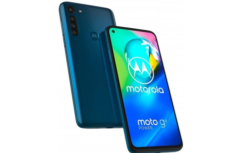 Two blue Motorola G8 Power floating on a white background showing back and front panel