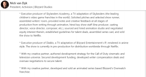 A screenshot of a description from Nick van Dyk on Activision TV series