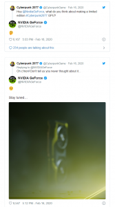 Screenshot of a tweet from Twitter about Nvidia Cyberpunk GPU tease