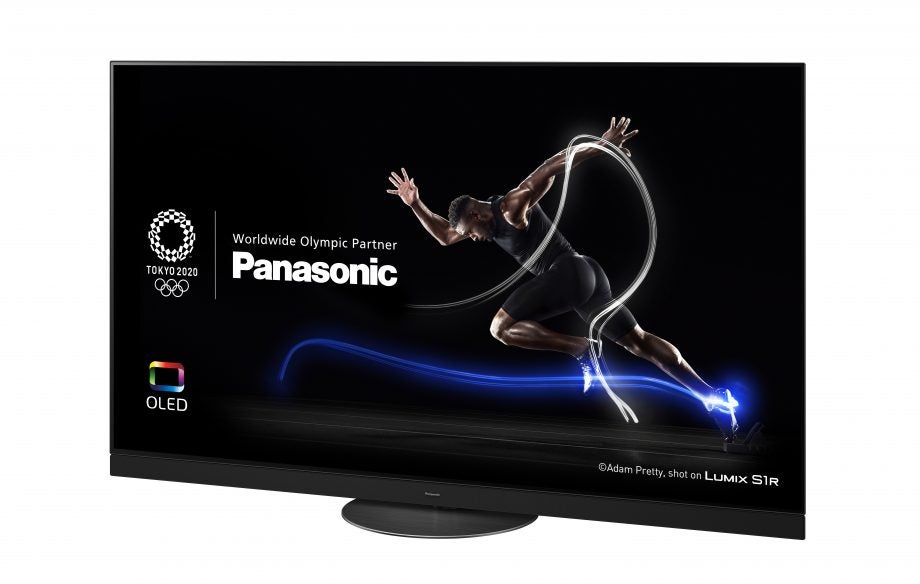 A black Panasonic 65HZ1500E TV standing on a white background