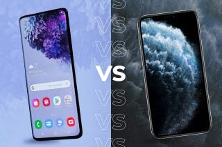 Comparision image of a Samsung Galaxy S20 Ultra on left and an iPhone 11 Pro on right