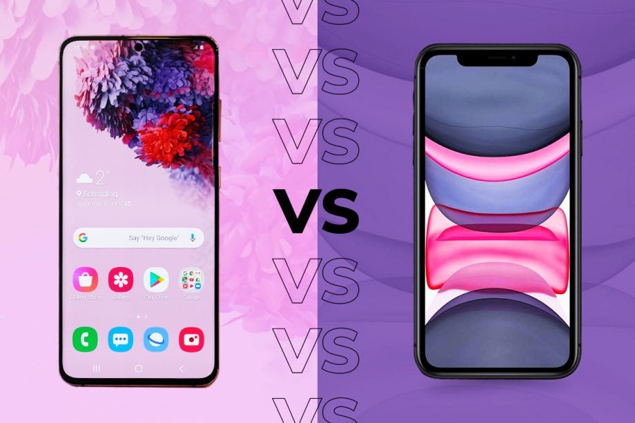 Comparision image of a Samsung Galaxy S20 on left and an iPhone 11 on right