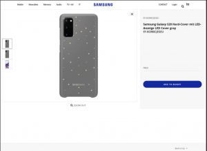 Screenshot from a shopping website of Samsung Galaxy S20 hard-cover mit LED anzeige LED cover gray 