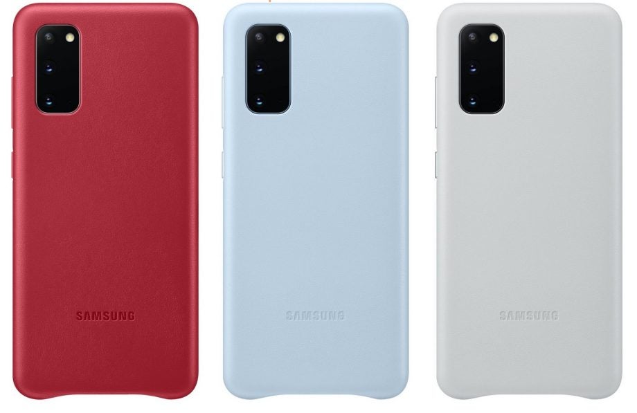 Three different colored Samsung Galaxy S20 cases standing on white background