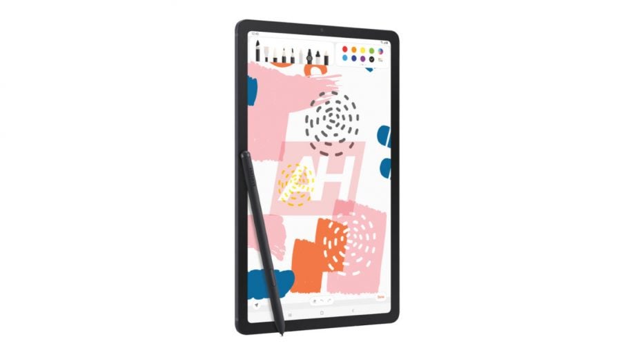 A black Samsung Galaxy Tab S6 lite standing on white background with it's S-Pen