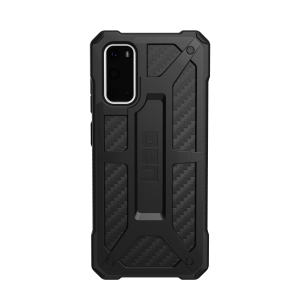 A black UAG Samsung Galaxy S20 case standing on a silver background