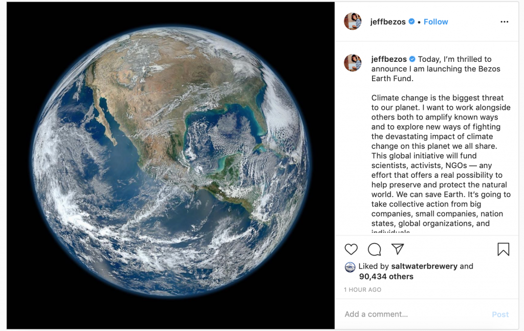 Screenshot from Instagram of a picture of earth and a para on right about launching Bezos earth fund