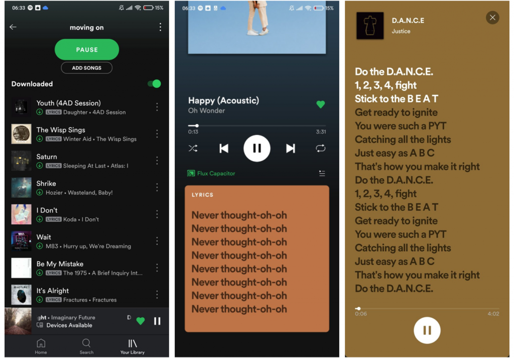 Screenshots from Spotify app about downloaded songs list, playing music, and lyrics
