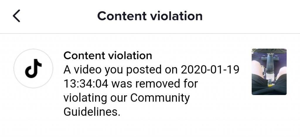 Screenshot from TikTok app about violation of community guidelines