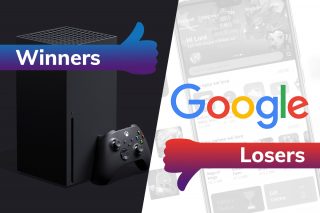 Picture of an Xbox on left tagged as winners and a logo of Google on right tagged as losers