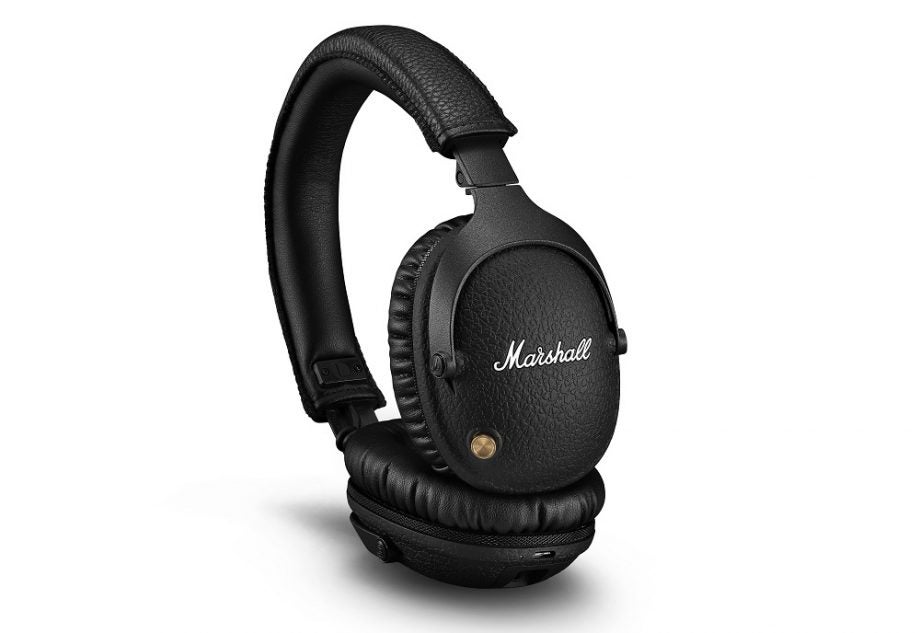 Picture of black Marshall Monitor ANC II headphones standing on white background