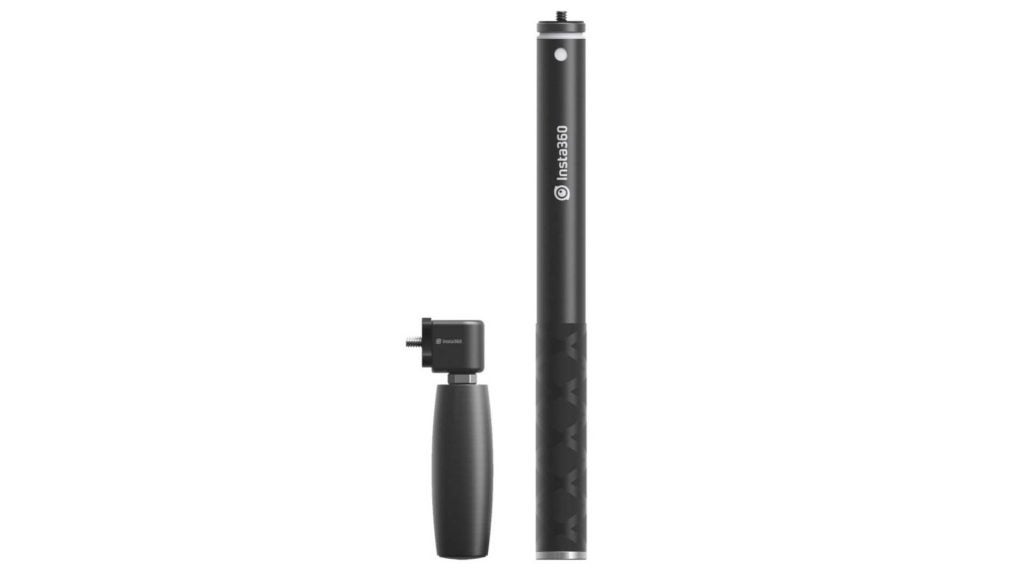 Two black sticks and handles of Insta 360 standing on white background