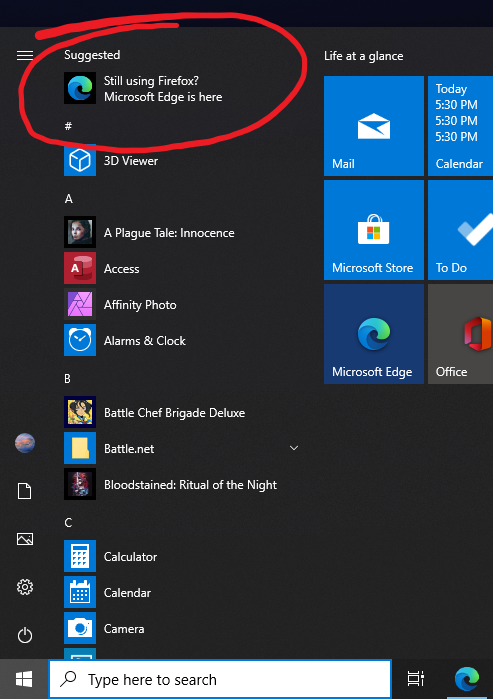 Screenshot of Windows start menu with Microsoft Edge highlighted